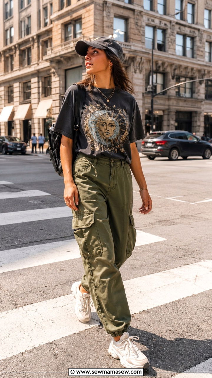 Graphic Tee With Cargo Pants and Chunky Sneakers - 25 10 day travel capsule outfits
