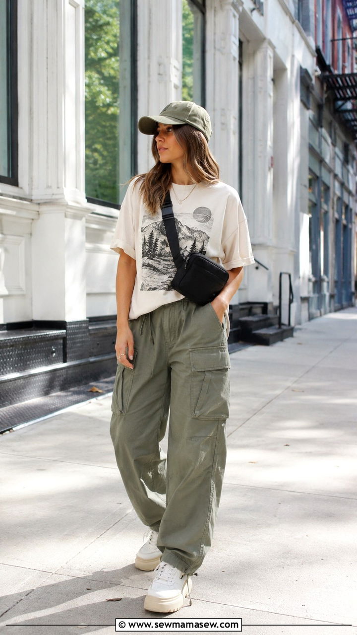 Graphic Tee With Cargo Pants and Platform Sneakers - 30 Spring outfits with graphic tee