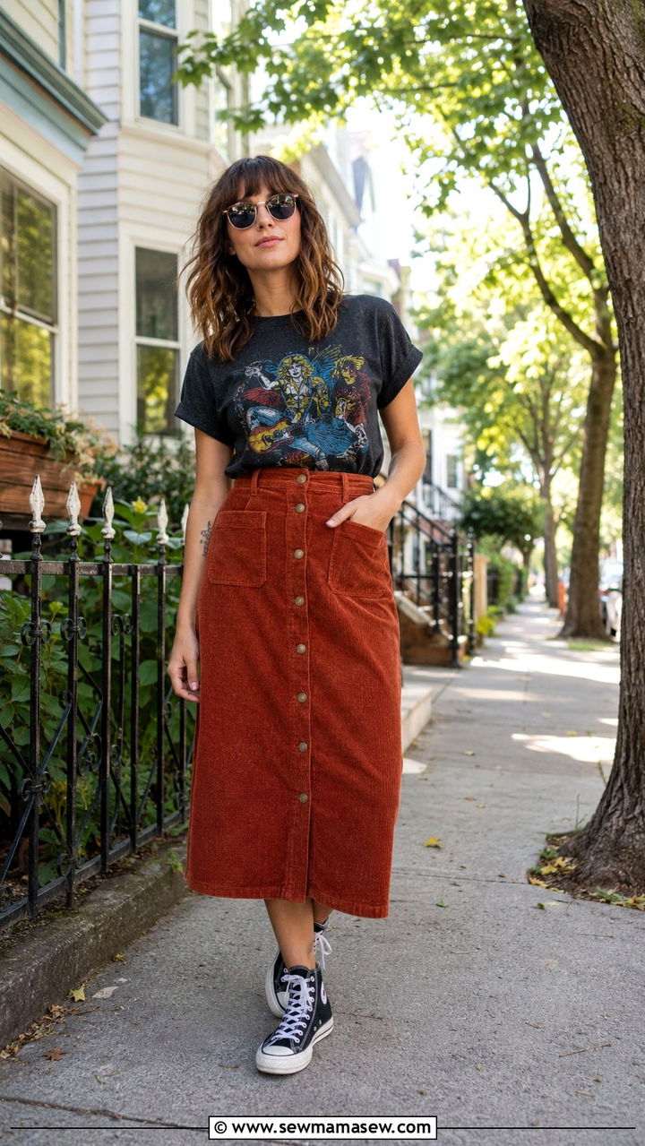 Graphic Tee With Corduroy Midi Skirt And Converse Outfit - 30 Indie outfit ideas