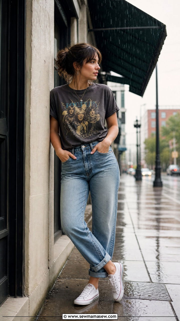 Graphic Tee With Cuffed Jeans and Canvas Sneakers - 30 rainy day outfits casual