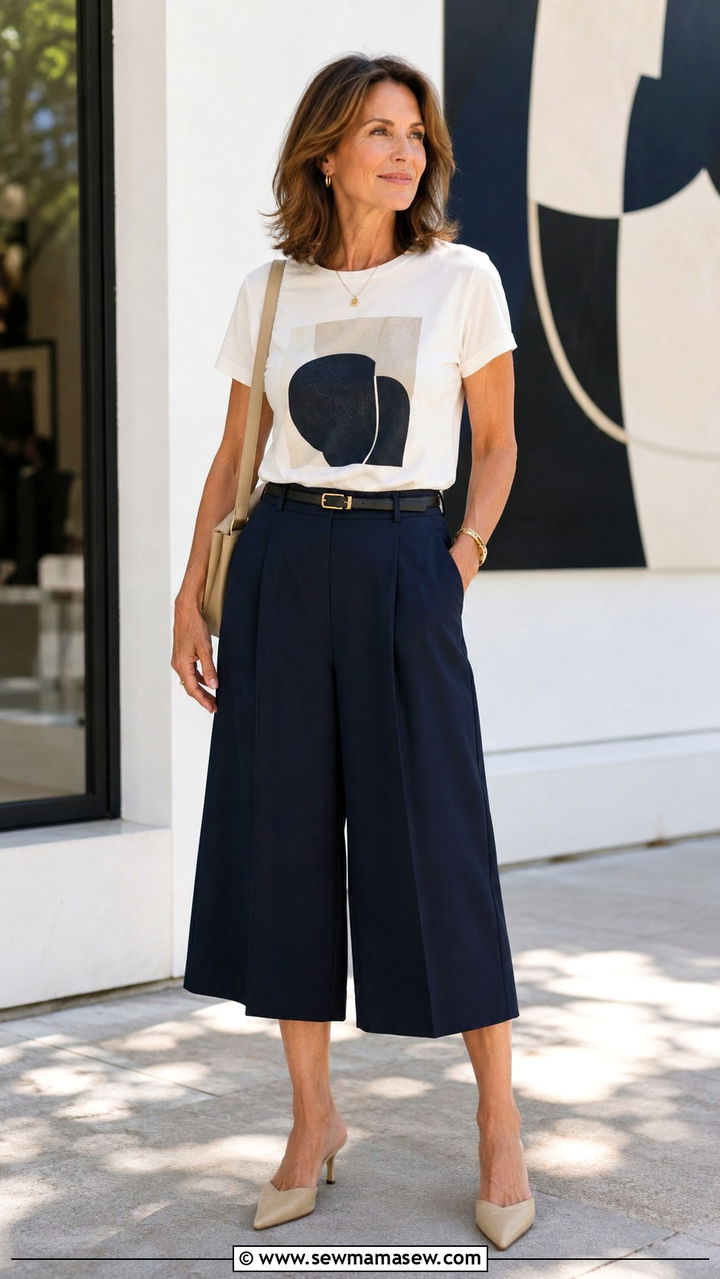 Graphic Tee With Culottes - 20 graphic tee outfits for women over 40