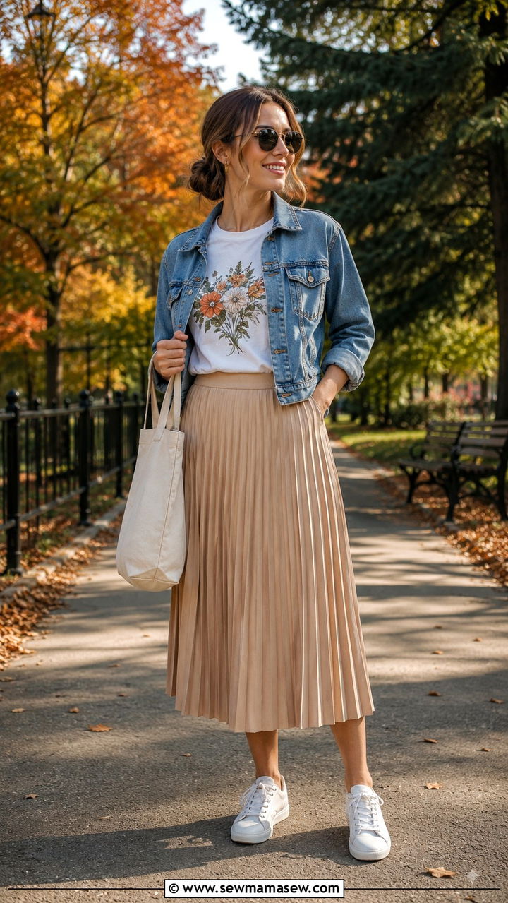 Graphic Tee With Denim Jacket And Pleated Skirt Outfit - 30 Pleated skirt outfit ideas with a tee