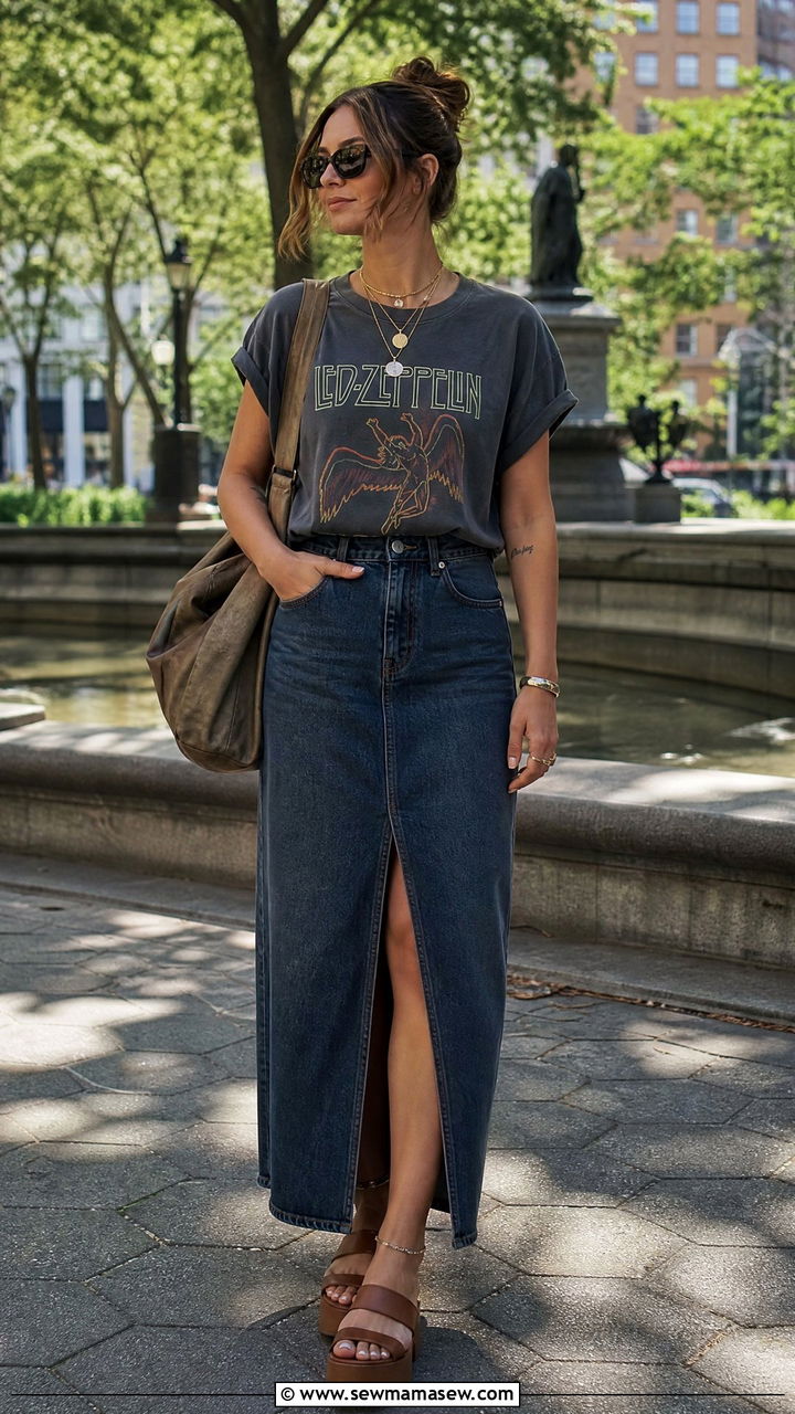 Graphic Tee With Denim Maxi Skirt And Platform Sandals - 25 chic graphic tee outfit ideas