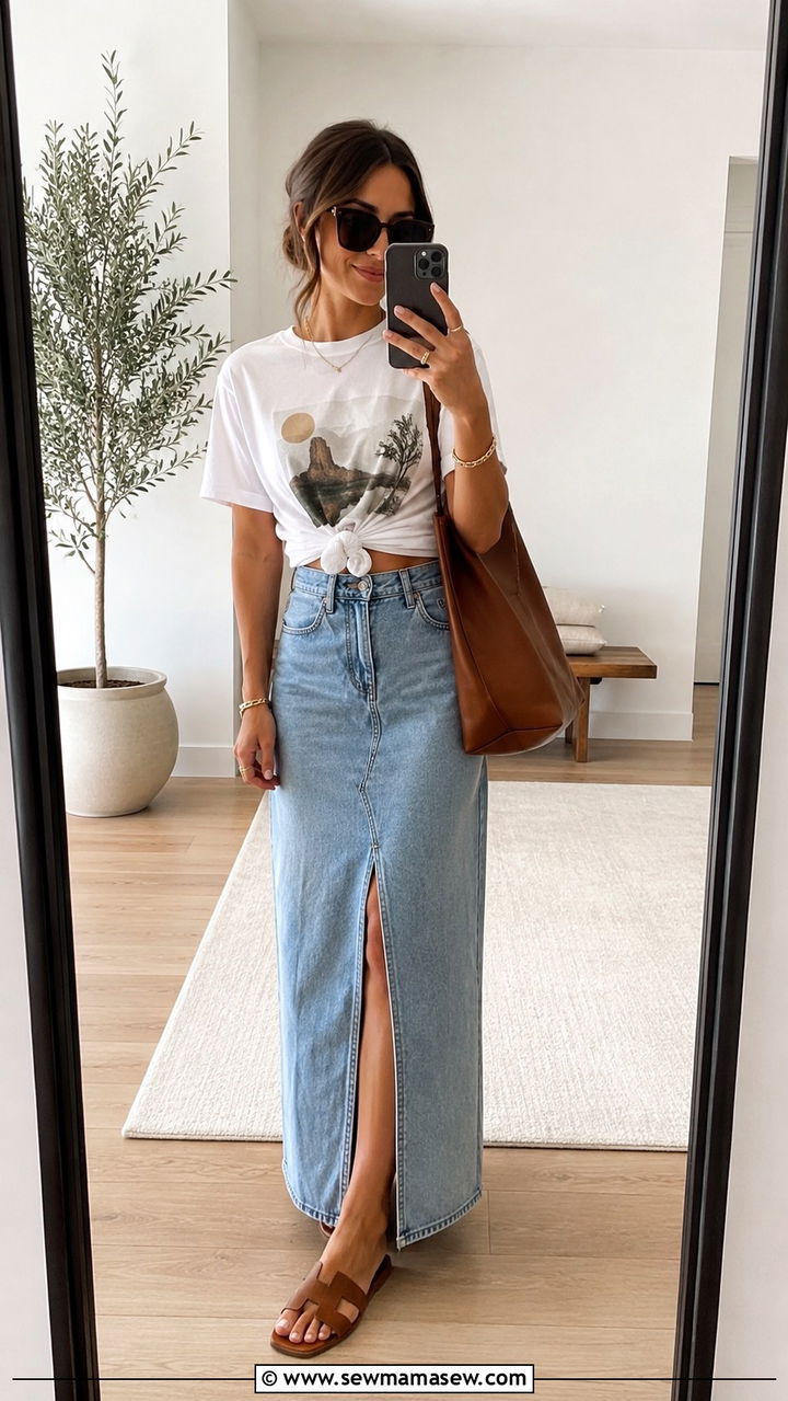 Graphic Tee With Denim Maxi Skirt and Slides - 30 Spring outfits with graphic tee