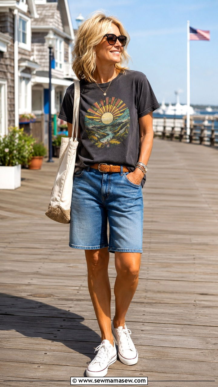 Graphic Tee With Denim Shorts - 20 graphic tee outfits for women over 40