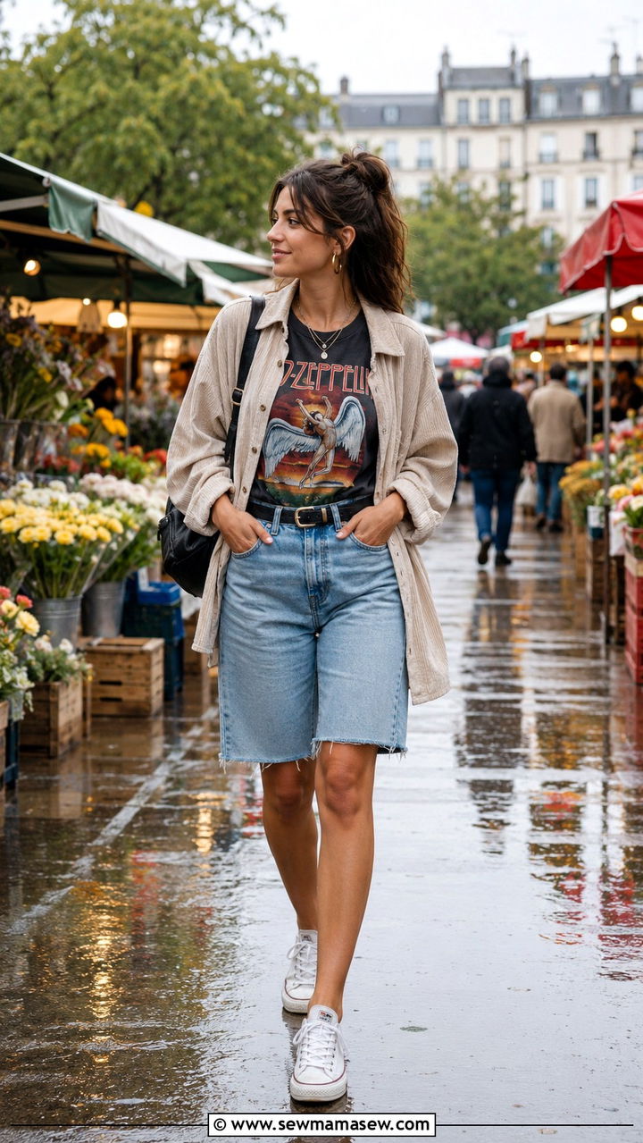 Graphic Tee With Denim Shorts And An Oversized Shirt Jacket - 30 Rainy day casual outfit ideas