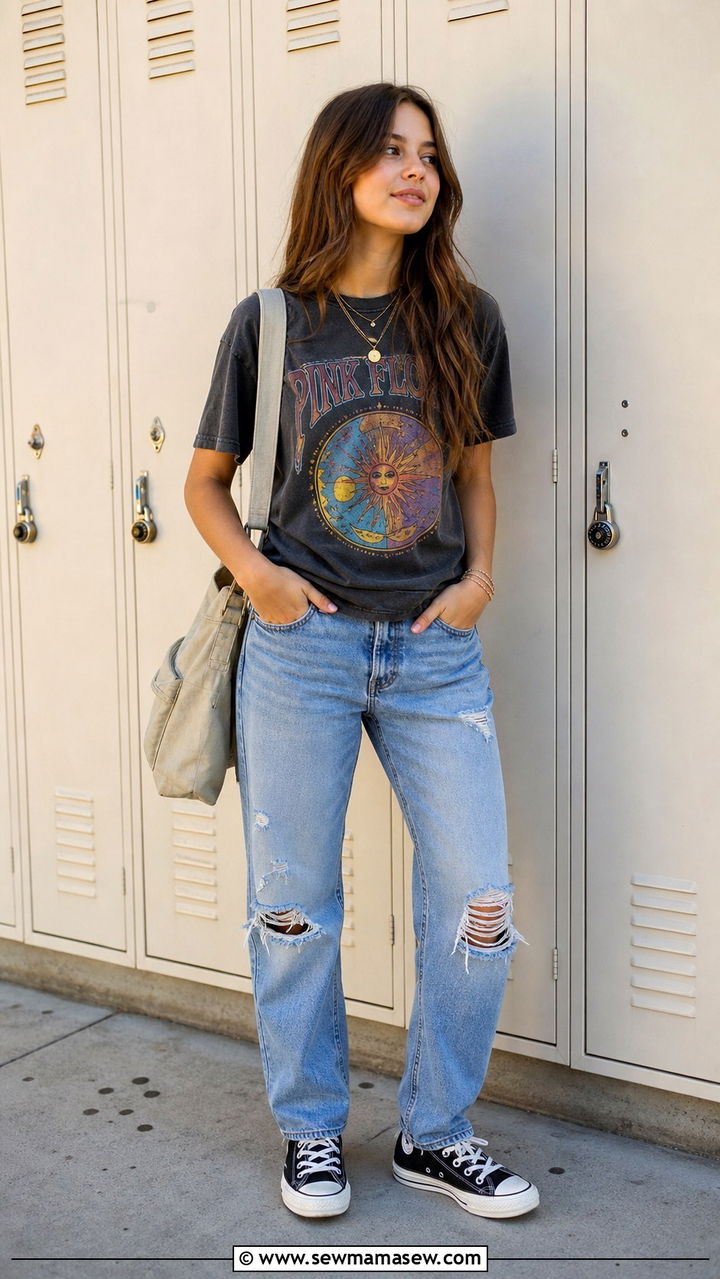 Graphic Tee With Distressed Jeans And High Top Sneakers - 40 back to school outfit ideas