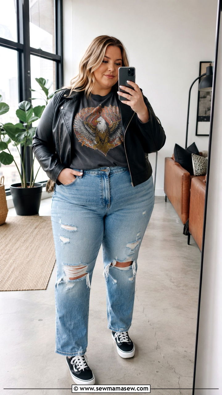 Graphic Tee With Distressed Straight Leg Jeans and a Moto Jacket - 20 Plus size outfit ideas size 18