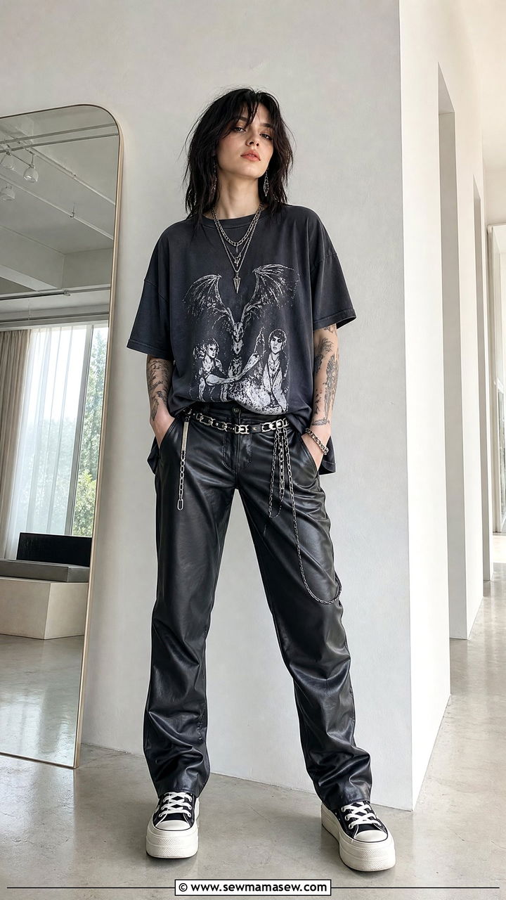 Graphic Tee With Faux Leather Pants And Platform Sneakers - 35 Billie Eilish concert outfit ideas