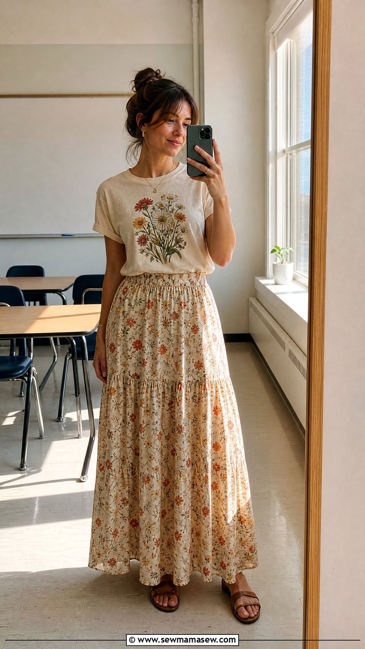 Graphic Tee With Floral Maxi Skirt Outfit - 30 summer outfits for teachers
