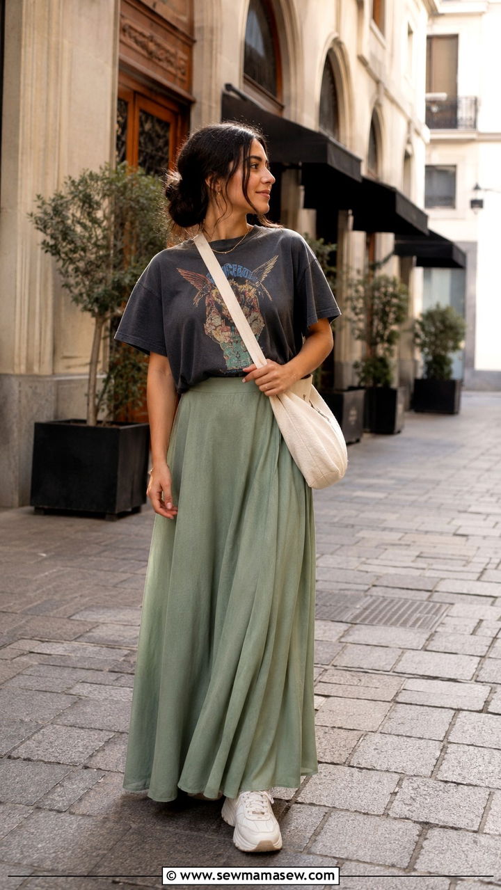 Graphic Tee With Flowy Maxi Skirt - 30 Modest outfit ideas with long skirt