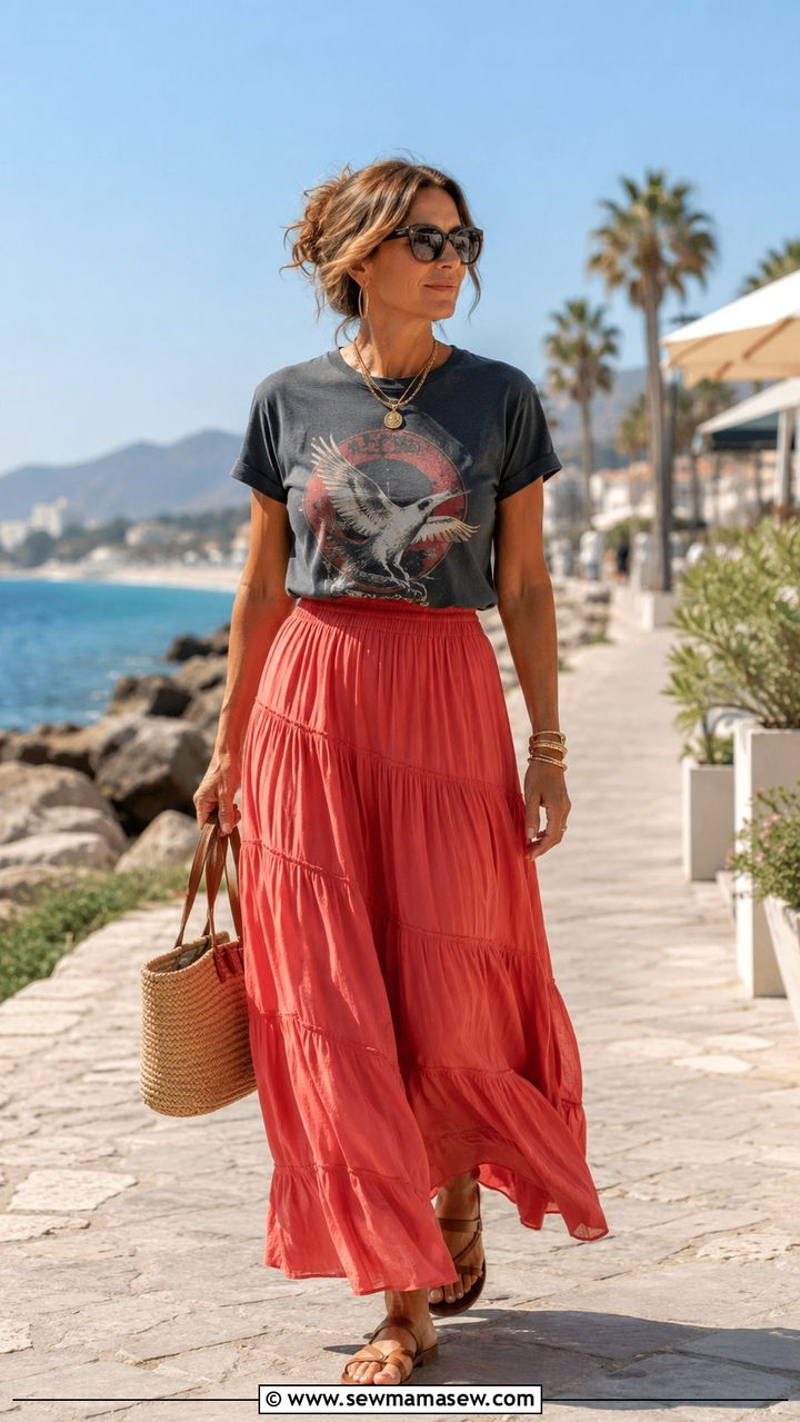 Graphic Tee With Flowy Maxi Skirt - 20 graphic tee outfits for women over 40