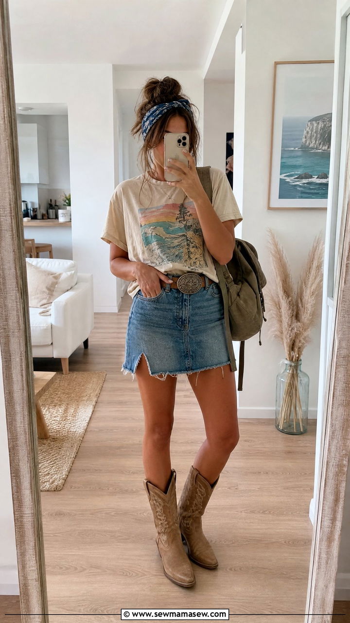 Graphic Tee With Frayed Denim Skirt and Cowboy Boots - 25 casual coastal cowgirl outfits
