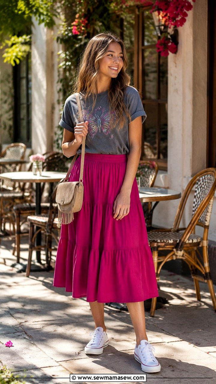 Graphic Tee With Fuchsia Midi Skirt Outfit - 30 Spring outfits for teen girls