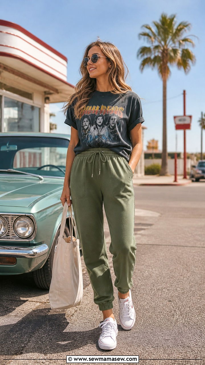 Graphic Tee With High Waist Joggers - 40 Road trip outfit ideas