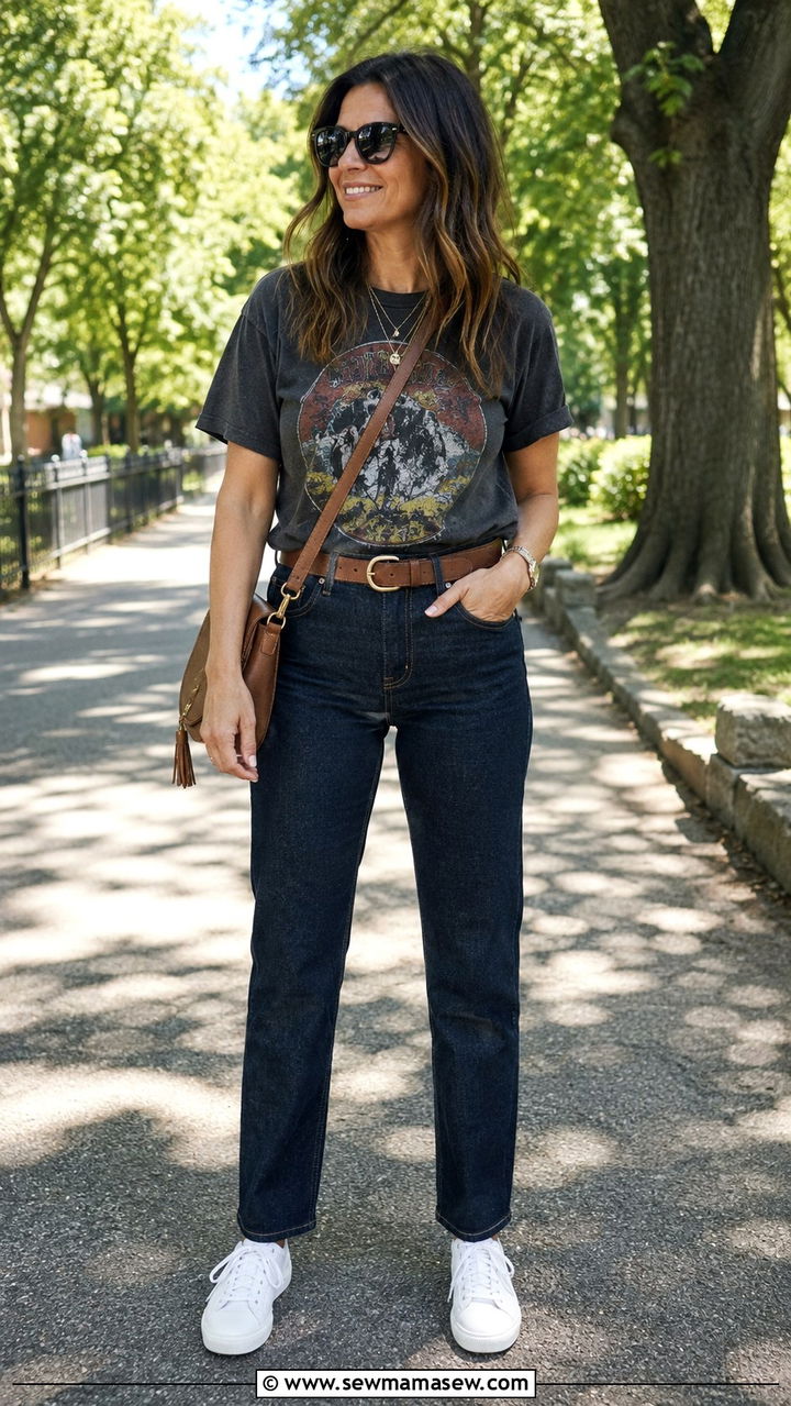 Graphic Tee With High Waisted Straight Leg Jeans - 20 graphic tee outfits for women over 40
