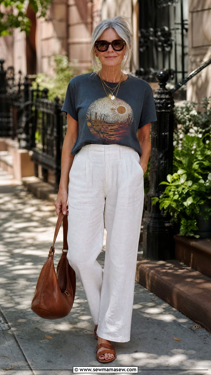 Graphic Tee With High Waisted White Linen Pants - 30 Summer capsule wardrobe over 50