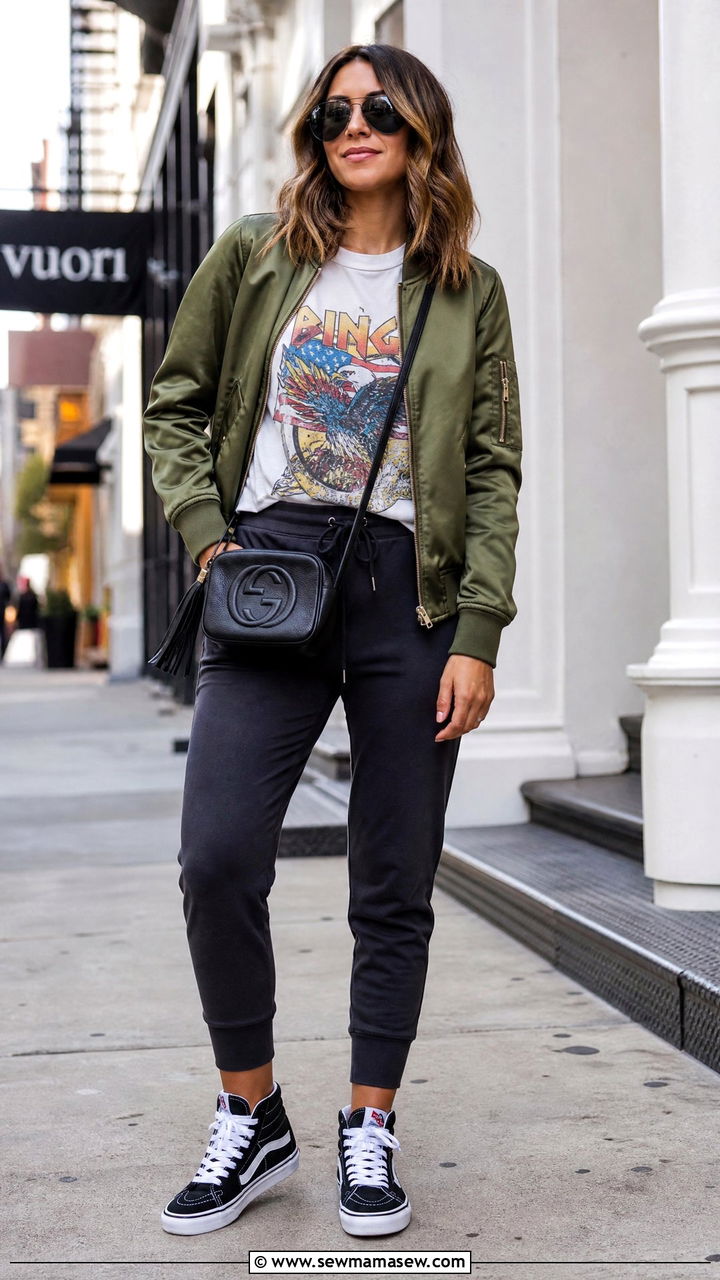 Graphic Tee With Joggers And Bomber Jacket - 25 chic graphic tee outfit ideas