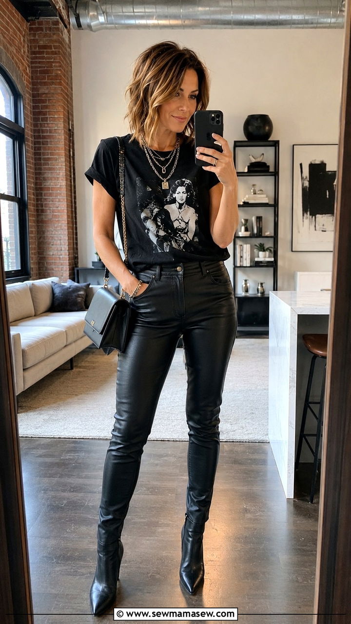 Graphic Tee With Leather Pants - 20 graphic tee outfits for women over 40