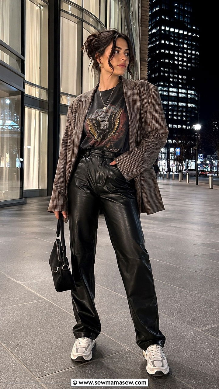 Graphic Tee With Leather Pants And Oversized Blazer - 30 Warm day cold night outfits