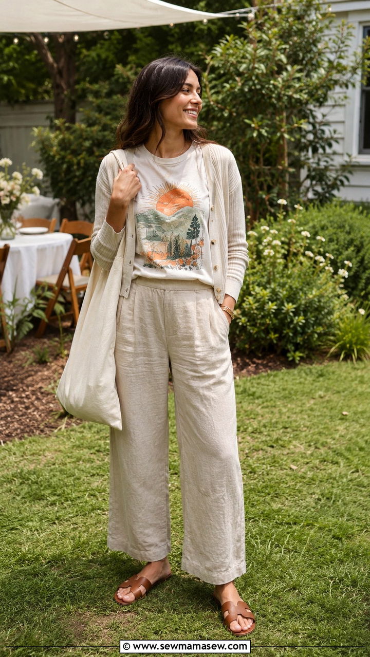 Graphic Tee With Linen Trousers And Slides - 30 Spring graduation party outfit ideas