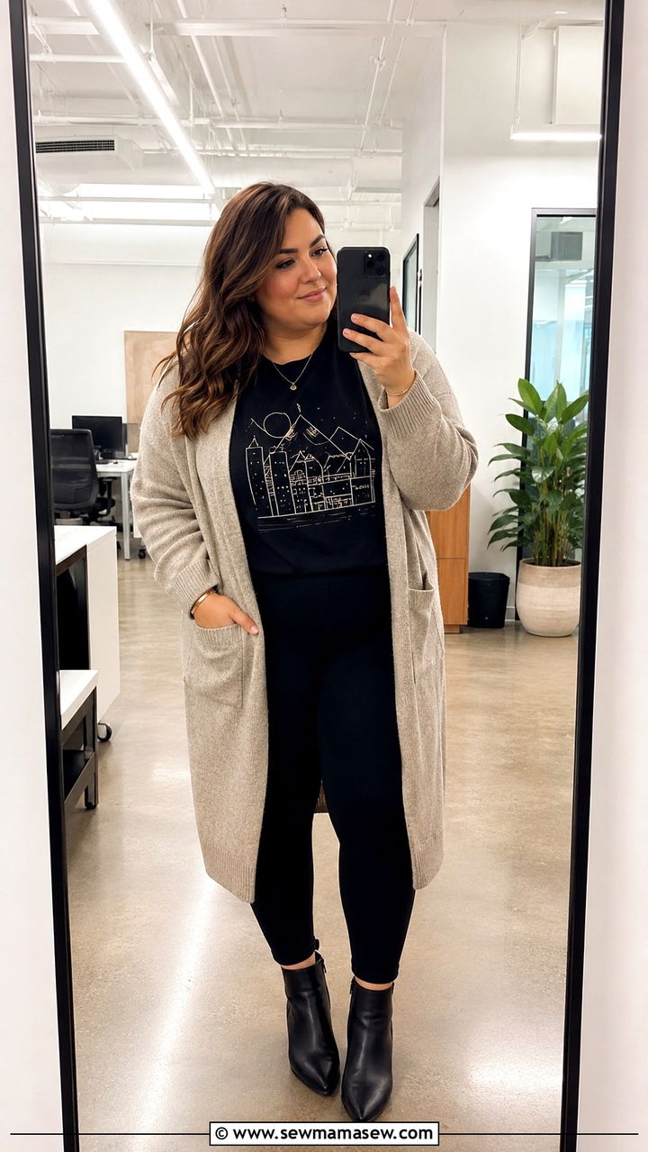 Graphic Tee With Long Cardigan And Leggings With Ankle Boots - 30 Plus size office outfits