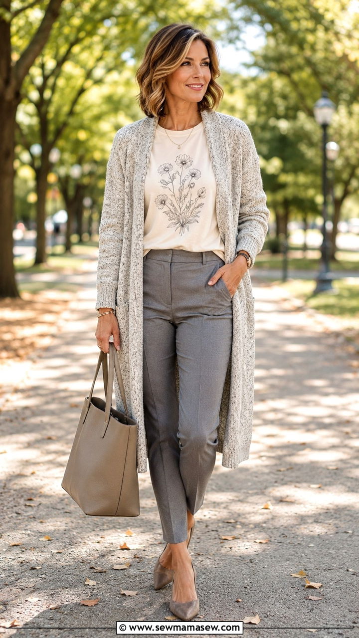 Graphic Tee With Long Cardigan and Trousers - 20 graphic tee outfits for women over 40
