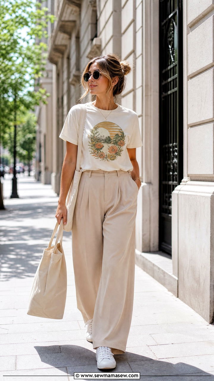 Graphic Tee With Loose Trousers - 30 Summer outfit ideas for stay at home mom