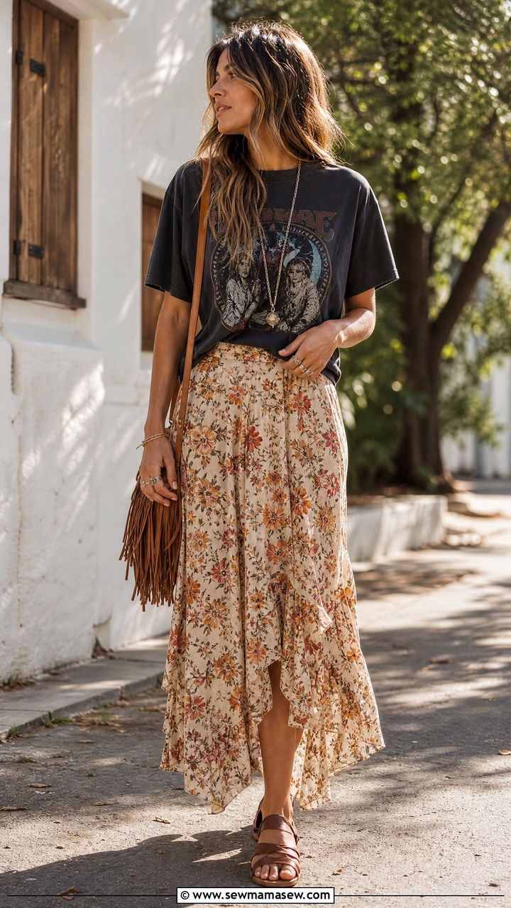 Graphic Tee With Maxi Skirt And Leather Sandals - 25 Boho outfit ideas with sandals