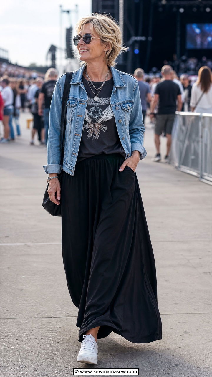 Graphic Tee With Maxi Skirt Concert Look - 30 Concert outfit ideas for women over 50
