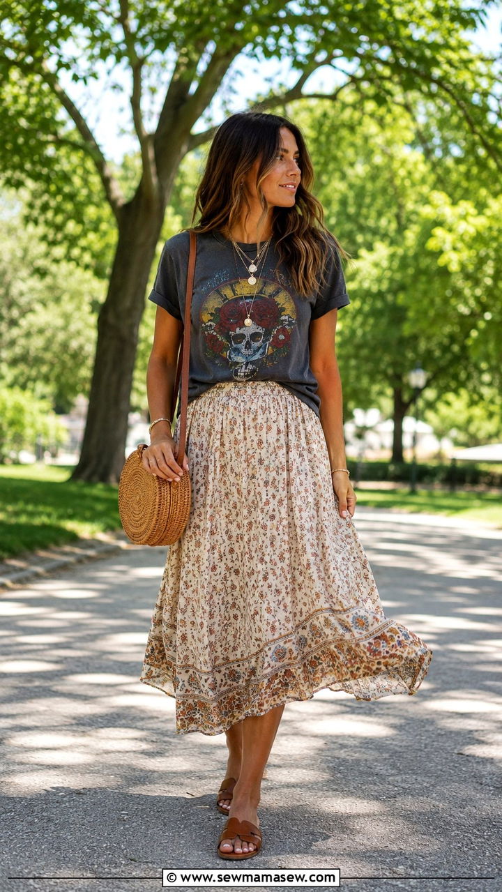 Graphic Tee With Midi Skirt And Sandals - 30 stay at home mom outfit ideas