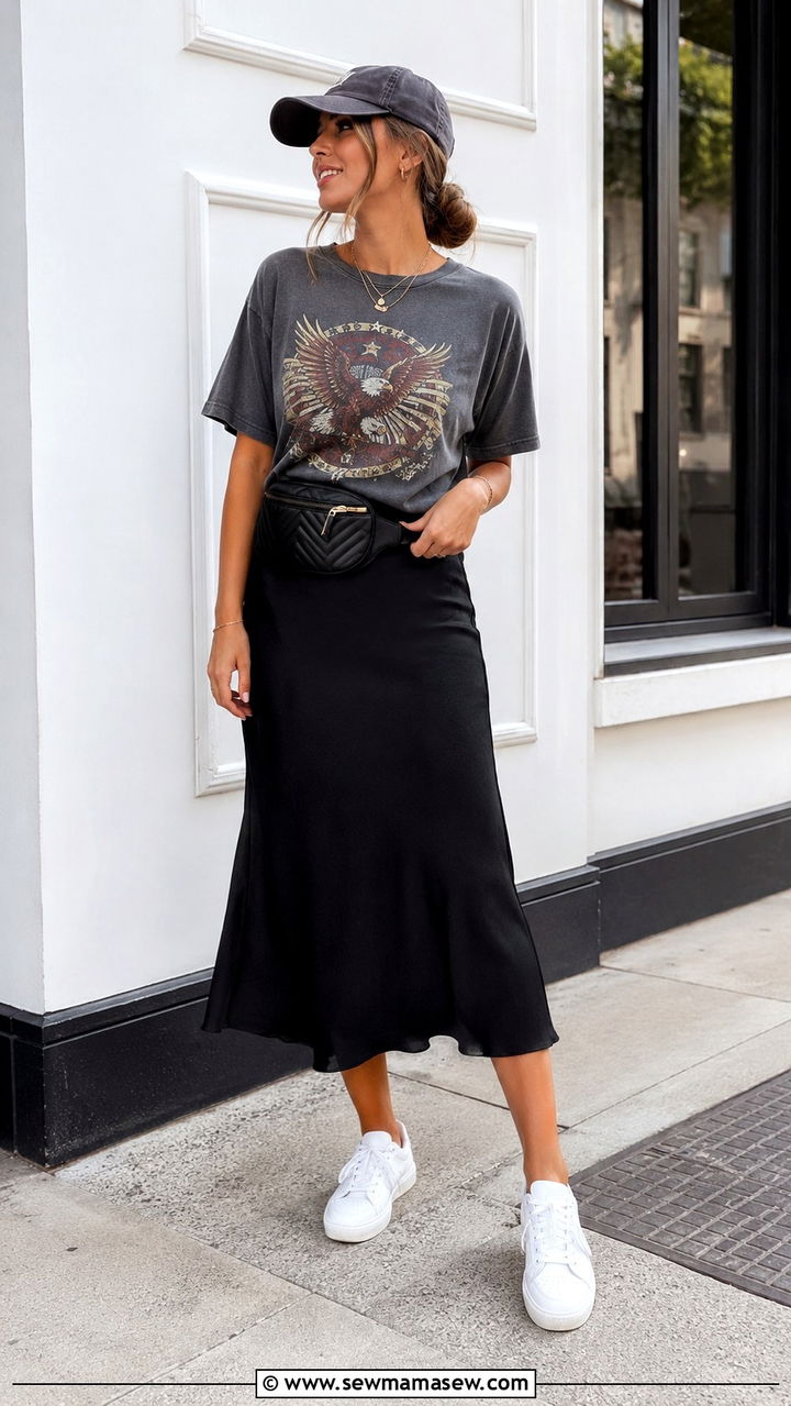 Graphic Tee With Midi Skirt And Sneakers - 30 Midi skirt outfit ideas for summer