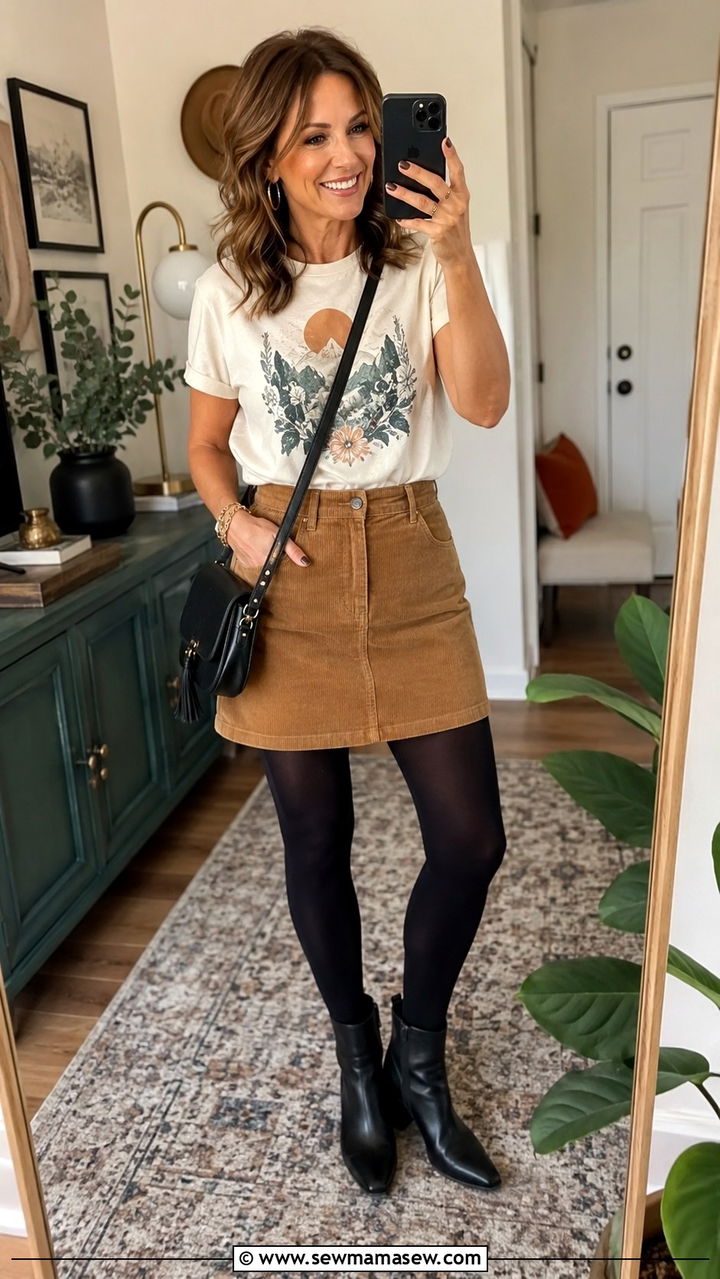 Graphic Tee With Mini Skirt and Ankle Boots - 20 graphic tee outfits for women over 40
