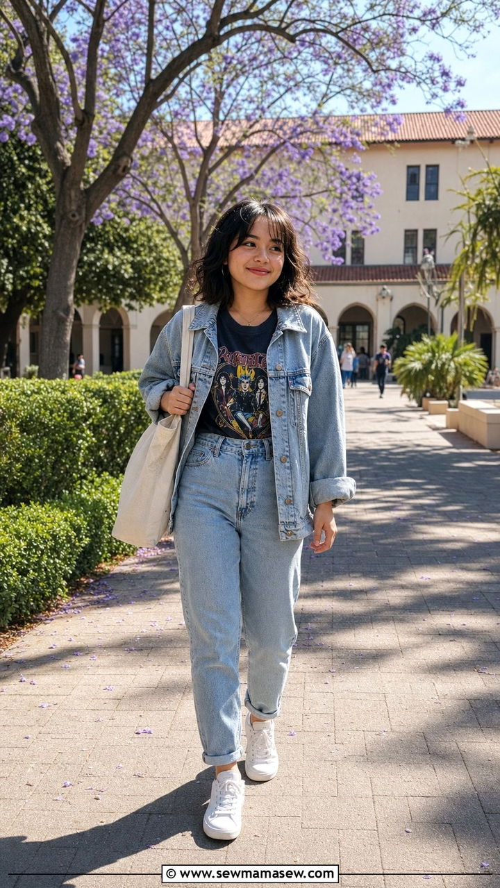 Graphic Tee With Mom Jeans and Denim Jacket - 25 College outfit ideas petite