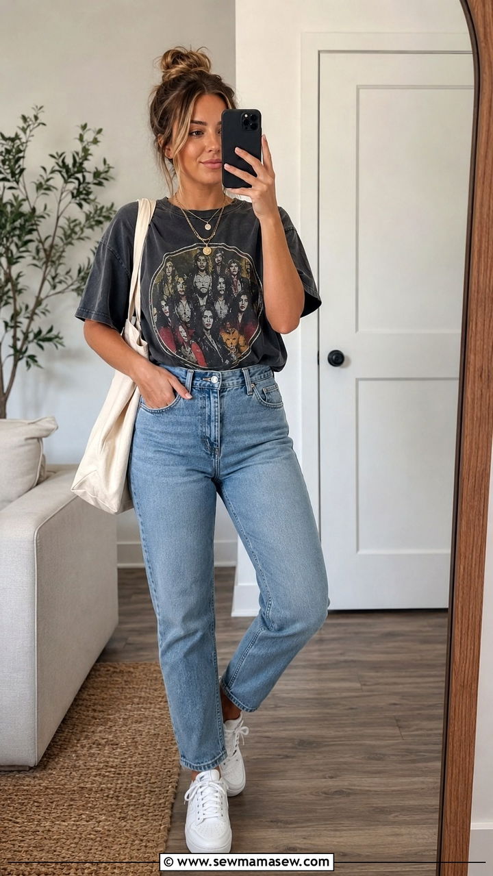 Graphic Tee With Mom Jeans and White Sneakers - 30 Mom jeans outfit ideas with white sneakers