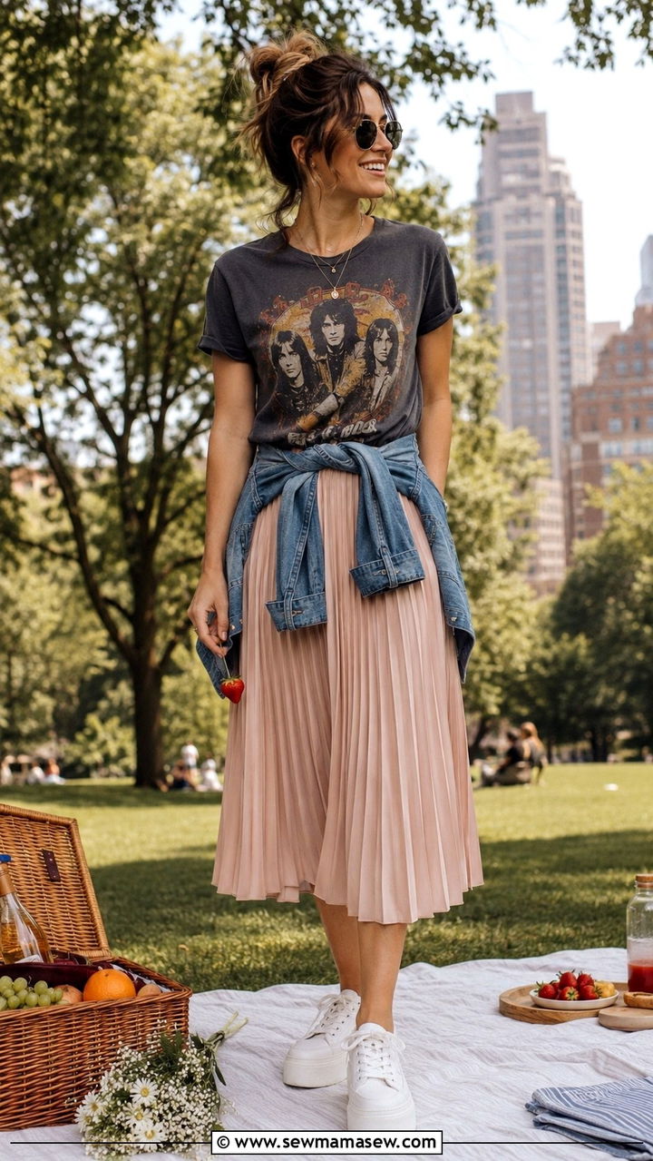 Graphic Tee With Pleated Midi Skirt - 30 picnic outfit ideas for women