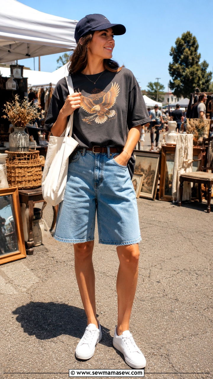 Graphic Tee With Relaxed Denim Bermuda Shorts - 25 Mid August outfit ideas