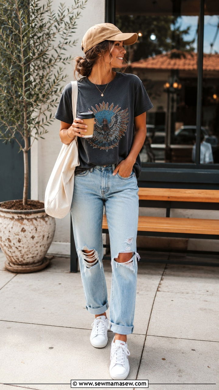 Graphic Tee With Ripped Jeans and a Baseball Cap - 30 Spring outfits with graphic tee