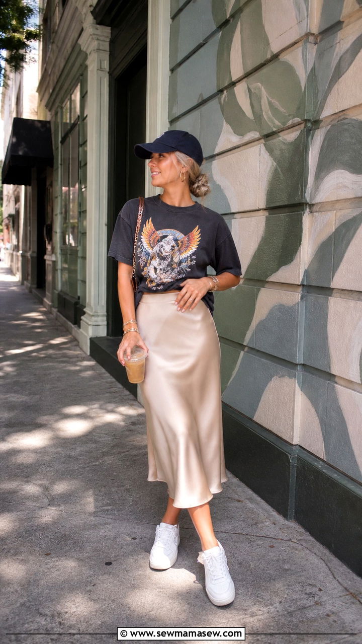 Graphic Tee With Satin Midi Skirt And Sneakers - 40 Savannah outfit ideas