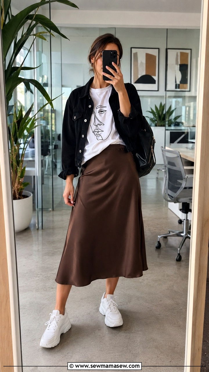 Graphic Tee With Satin Midi Skirt Casual Office - 30 Satin midi skirt outfit ideas for work