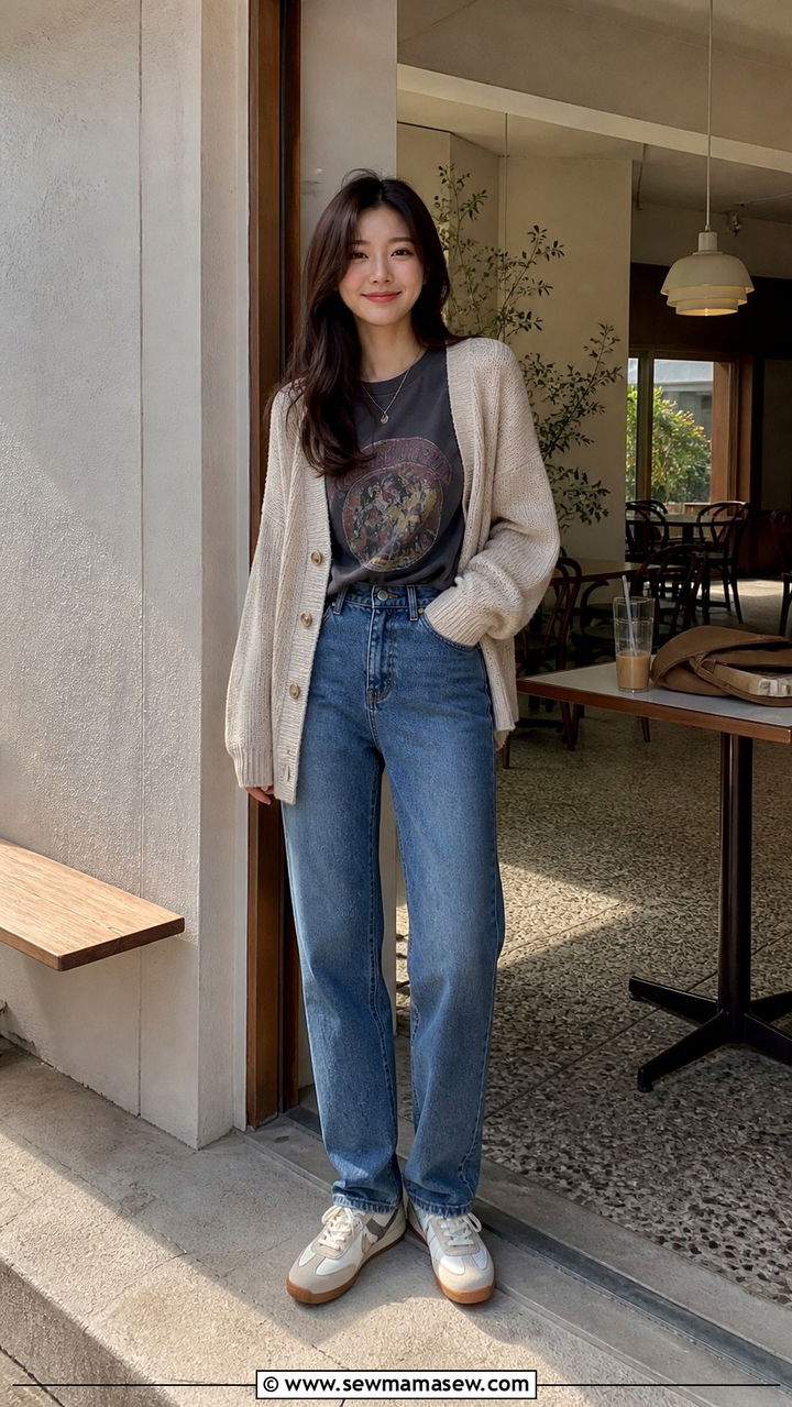 Graphic Tee With Straight Leg Jeans and a Cardigan - 40 Korean outfit ideas