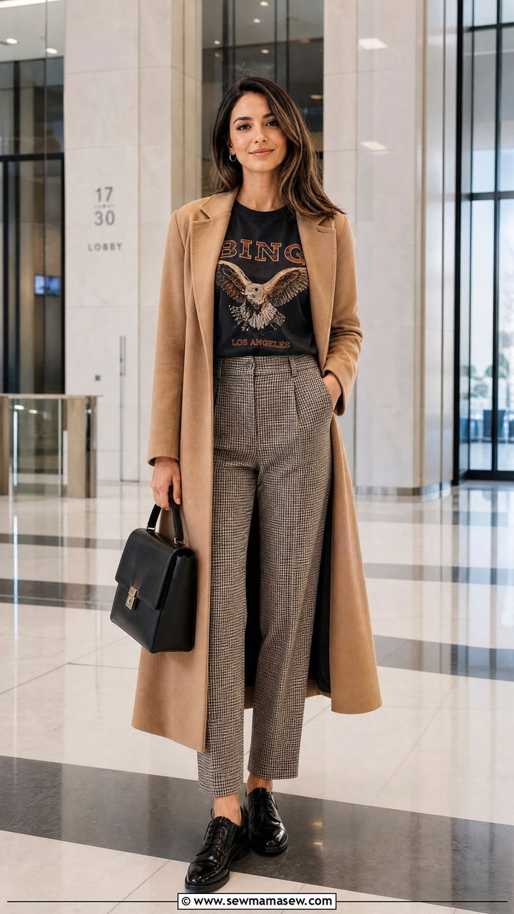 Graphic Tee With Straight Leg Trousers And A Longline Coat - 25 chic graphic tee outfit ideas