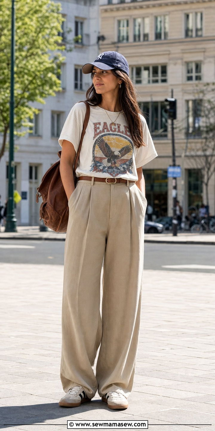 Graphic Tee With Tailored Trousers And Sneakers - 25 Spring ootd ideas