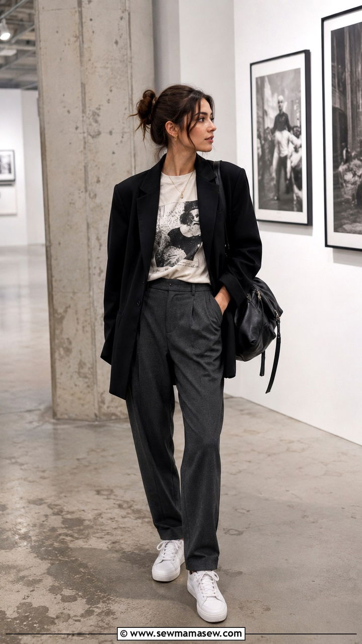 Graphic Tee With Tailored Trousers and a Structured Blazer - 20 Photography exhibit outfit ideas
