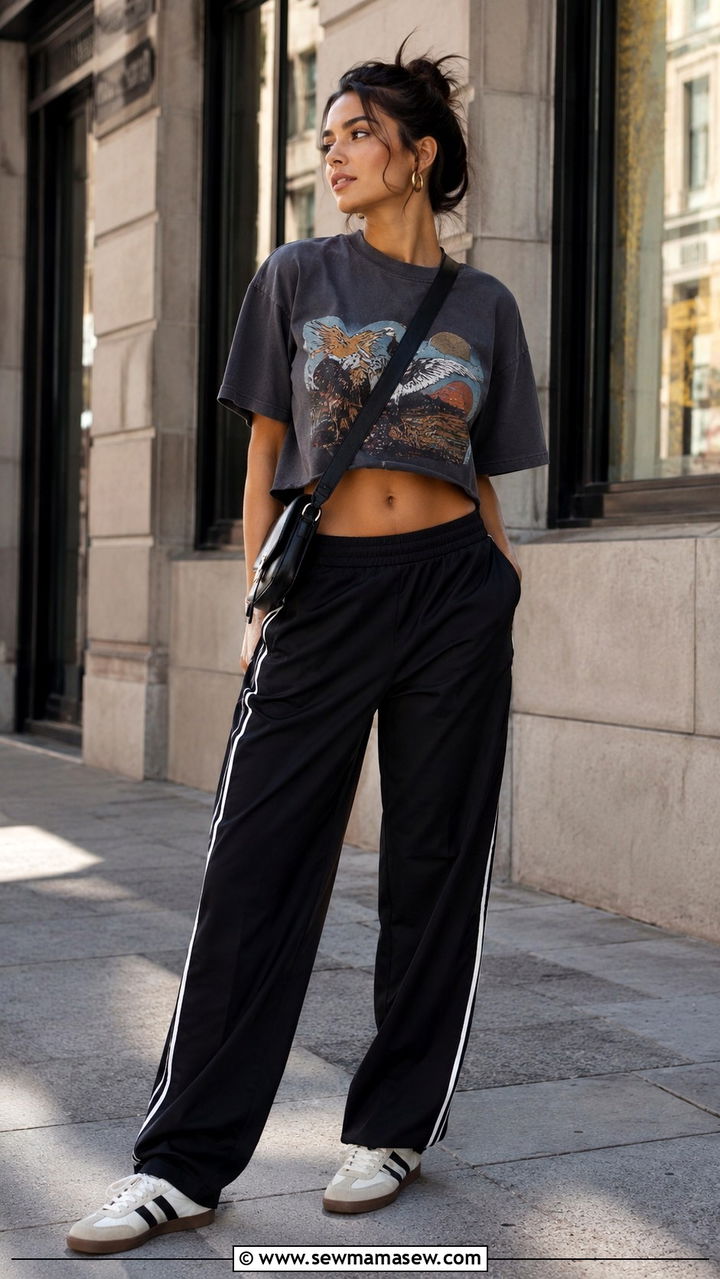 Graphic Tee With Track Pants and Retro Sneakers - 30 Spring outfits with graphic tee