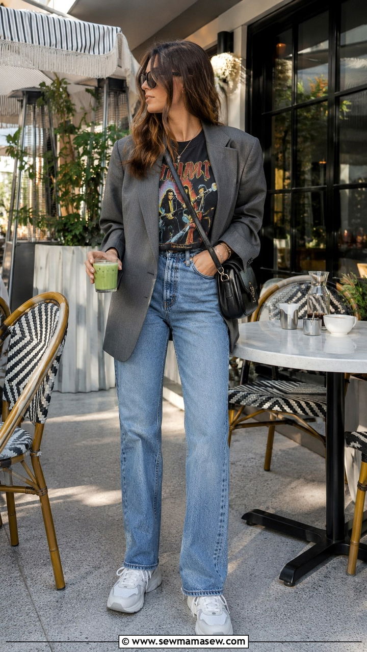 Graphic Tee With Vintage Jeans And A Blazer - 30 Brunch outfit ideas Sunday chic
