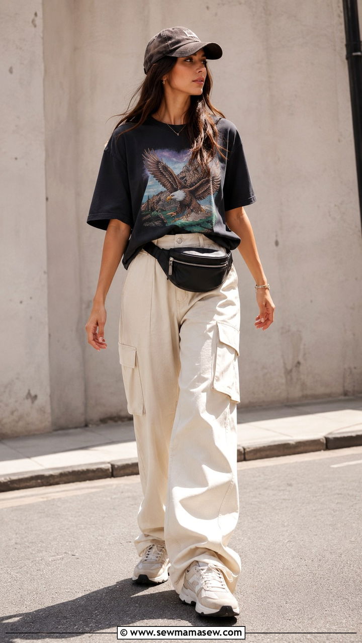 Graphic Tee With Wide Leg Cargo Pants and Chunky Sneakers - 30 Spring outfits with graphic tee