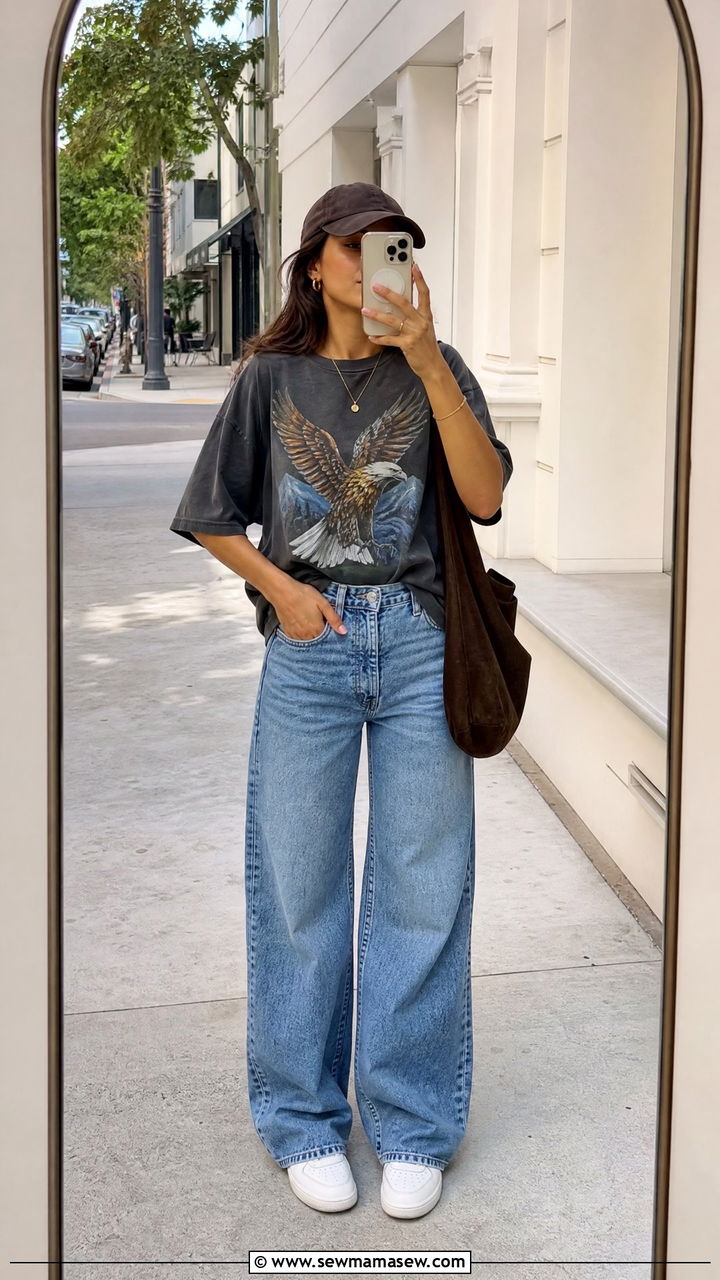 Graphic Tee With Wide Leg Jeans And White Sneakers - 30 Summer outfits with wide leg jeans