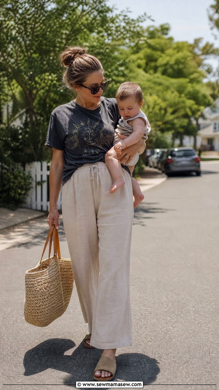 Graphic Tee With Wide Leg Linen Pants - 30 summer outfits for new moms
