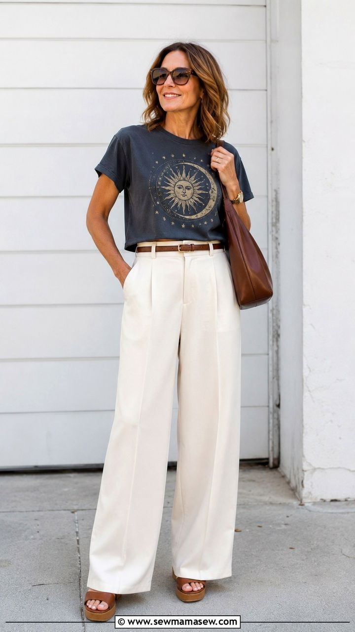 Graphic Tee With Wide Leg Pants - 20 graphic tee outfits for women over 40